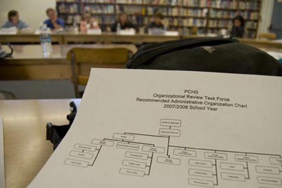 Above, PaliHi's Board on Monday discussing a plan to create two positions that will divide management of the school's academic instruction. The board approved that plan in a 7-2 vote.